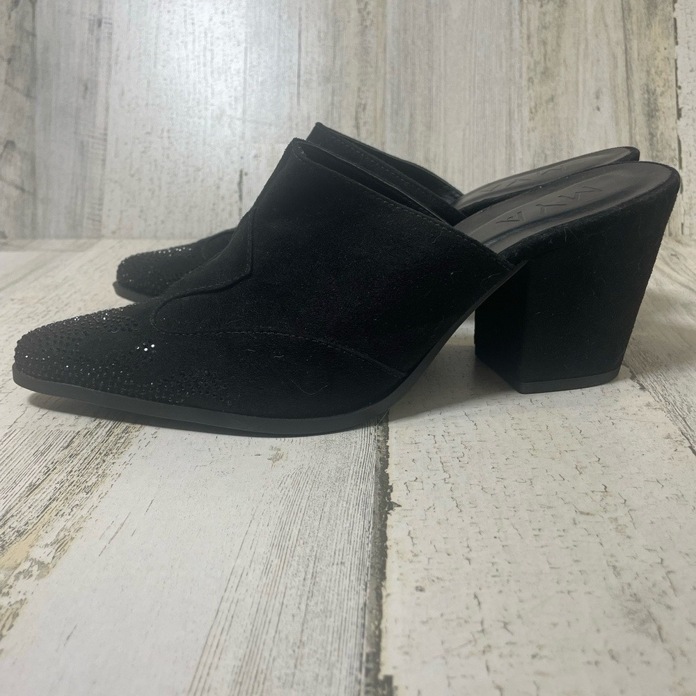 Mya Black Pointed Toe Rhinestone Mules Block‎ Heel Slip On Flame Y2K Brazil sz 8